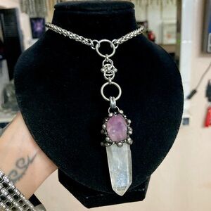 crystal quartz & amethyst gem stainless steel maille celtic lariat Y necklace.